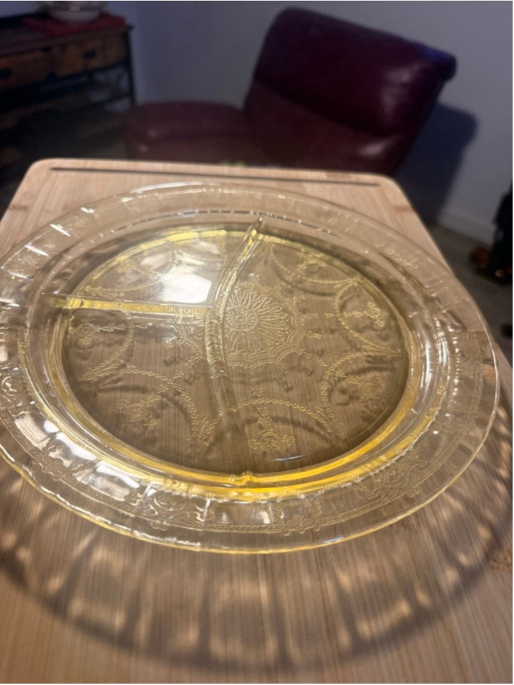 Vintage Cameo Ballerina Depression glass Yellow 3 compartment glass plate servin